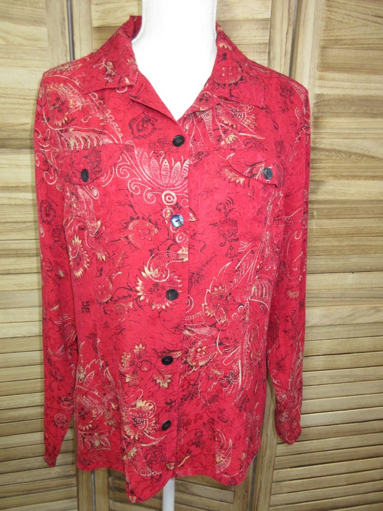 Chico's Red Silk Floral Print Long Sleeve Button Up Blouse SZ 2 (US 12)