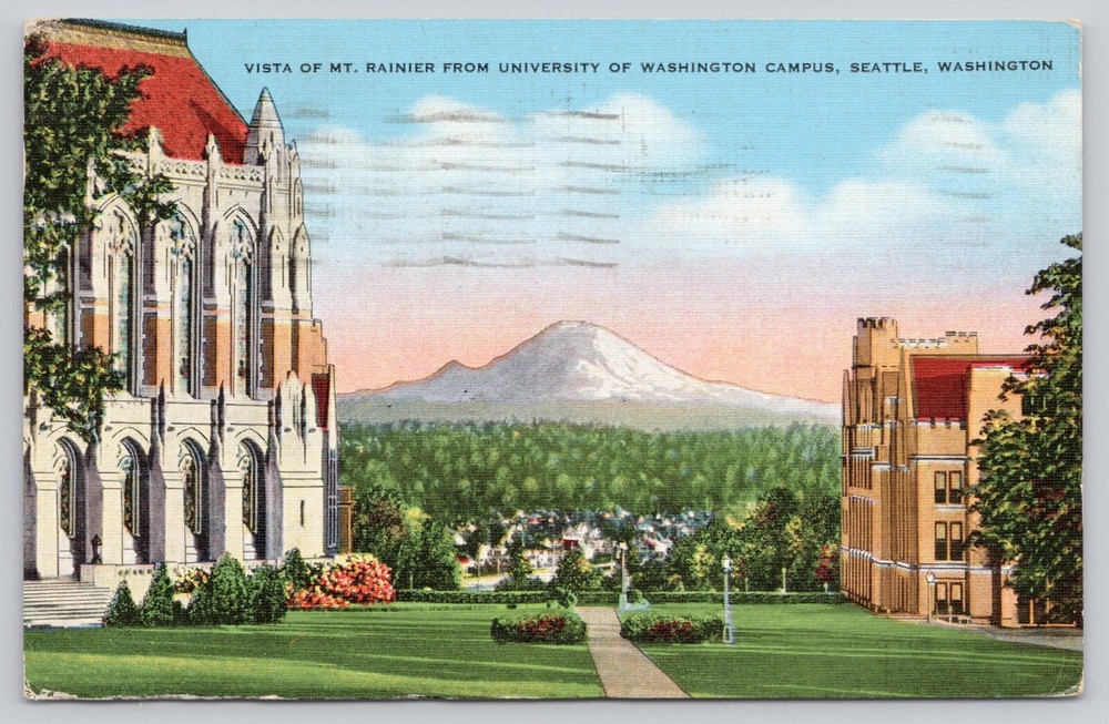 Seattle Washington University Of Washington Mt. Rainier Linen Postcard Posted