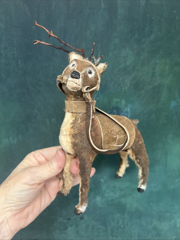 Vintage Antique Spun Cotton Christmas Santas Reindeer Putz Japan German?