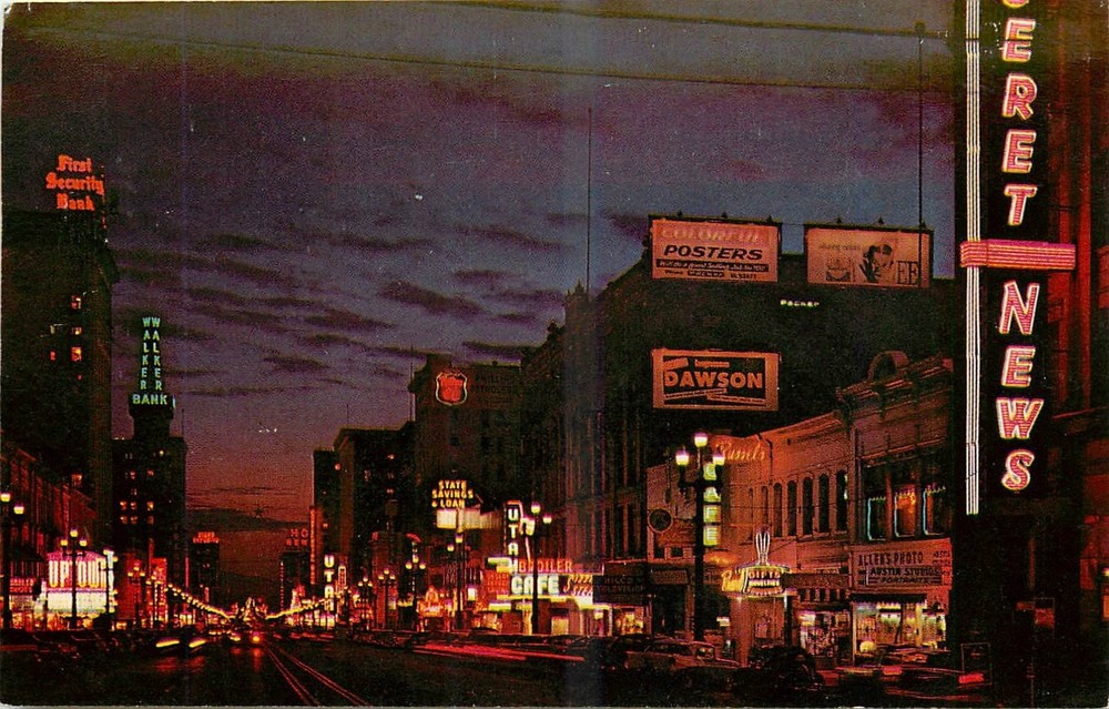 1950s Salt Lake City Utah Main Street Night Neon occupation Postcard 26-4059