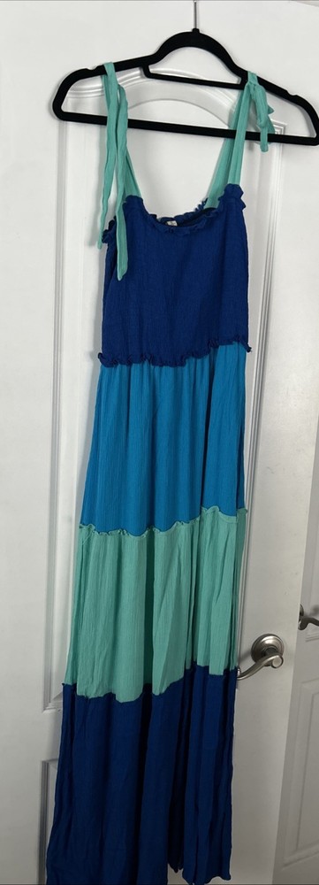 Bebop women’s blue and green color block, tiered, maxi dress size XS