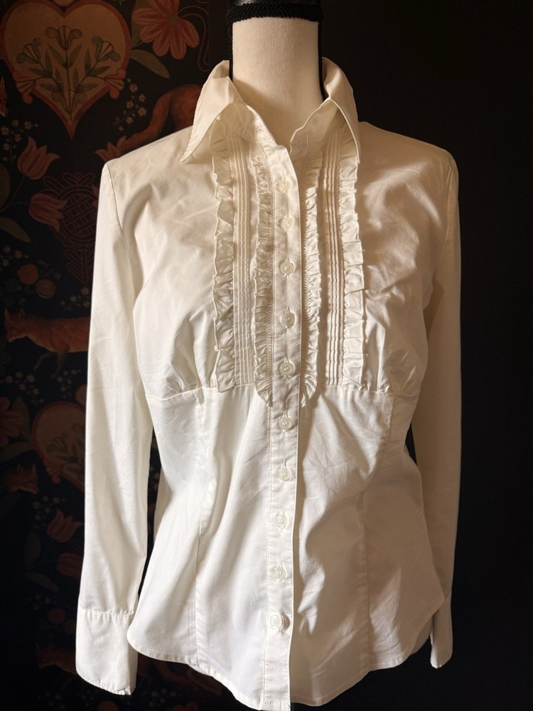 New York And Company Vintage Ivory Tuxedo Blouse Stretch Size 10 Medium