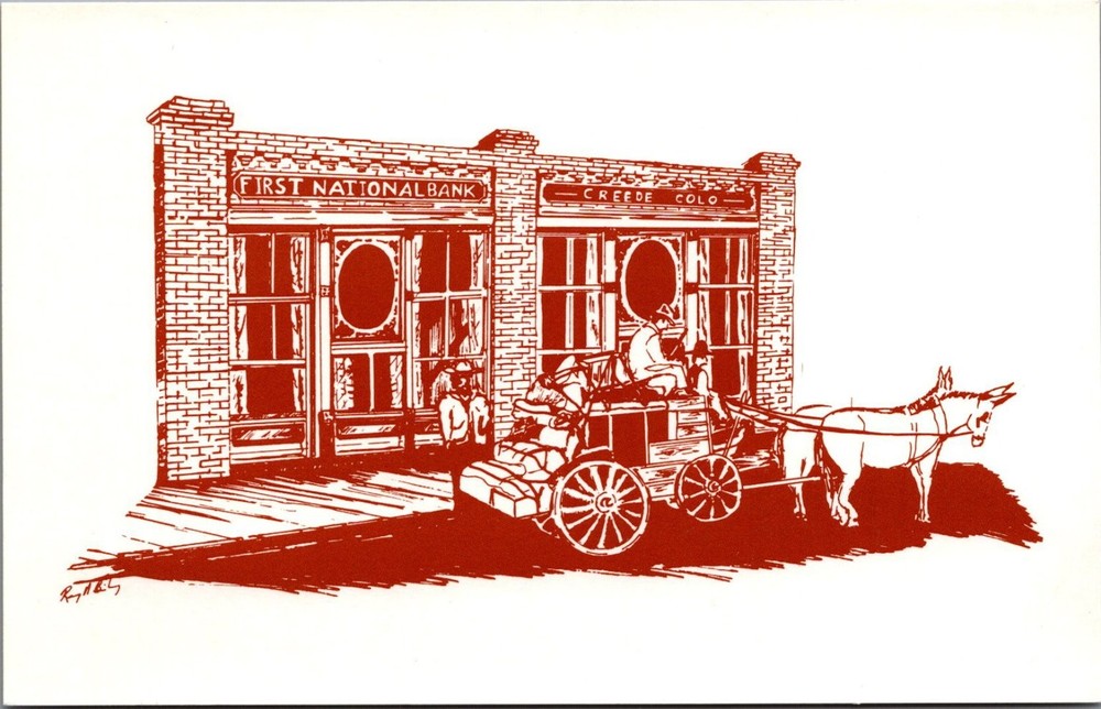 Creede Colorado First National Bank Gold Nugget Building Horse Carriage Postcard