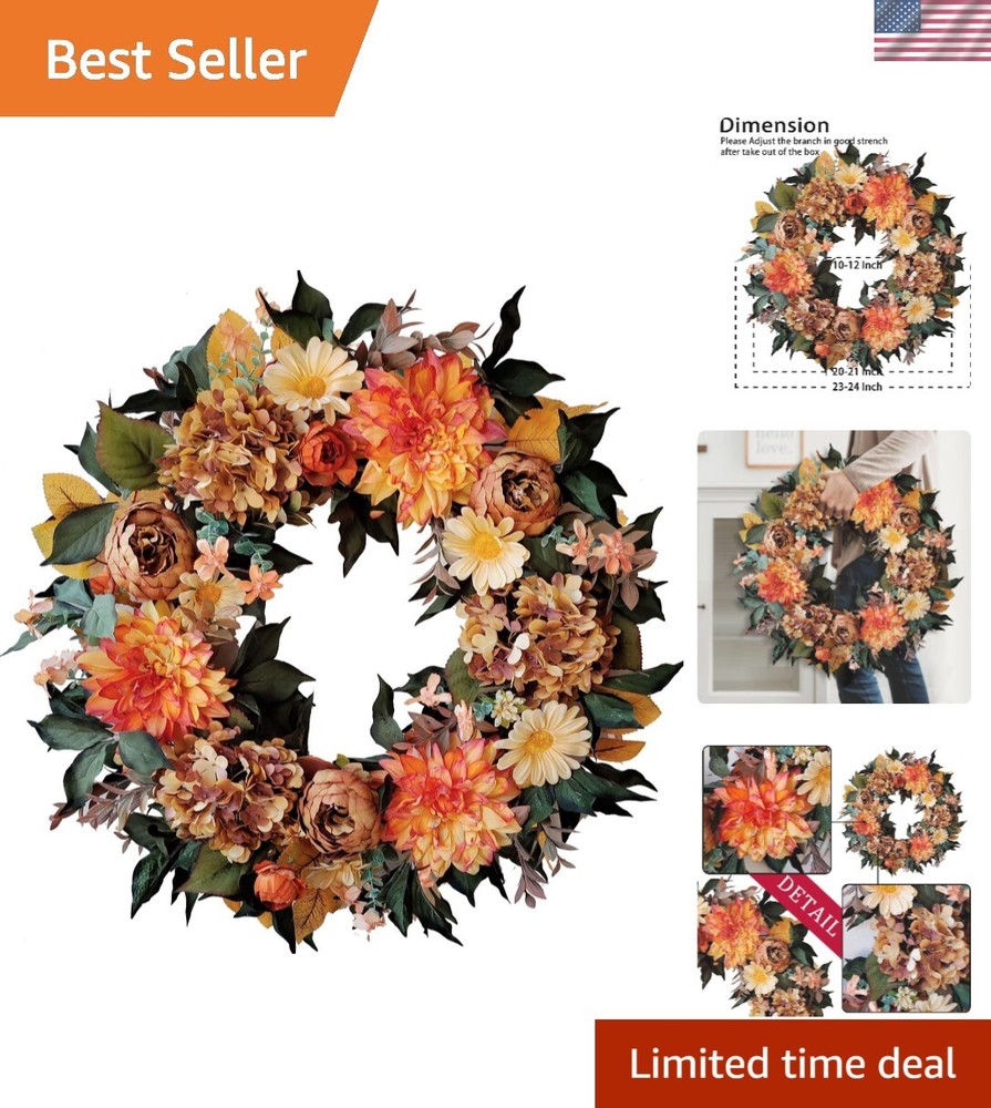 24 Inch Fall Wreath for Front Door with Vintage Hydrangea&Orange Peony and Da...