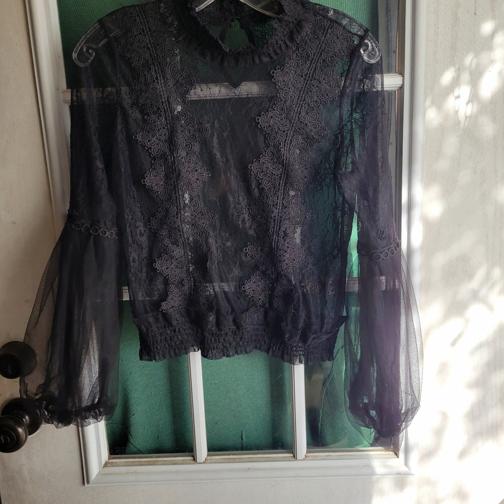Blashe Black Sheer Floral Lace Smocked Mock Neck Bell Sleeve Blouse BT01792 S