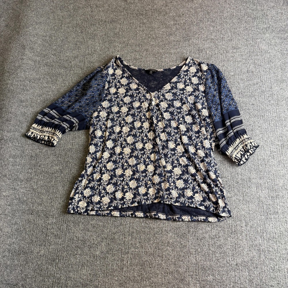 Lucky Brand Blouse Womens Large Blue Floral V Neck 3/4 Sleeve Knit Tunic Top