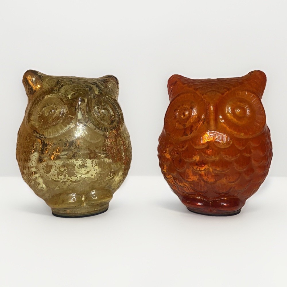 Set 2 Mercury Glass Owl Figurines Gold Amber Fall Boho Farmhouse Home Decor