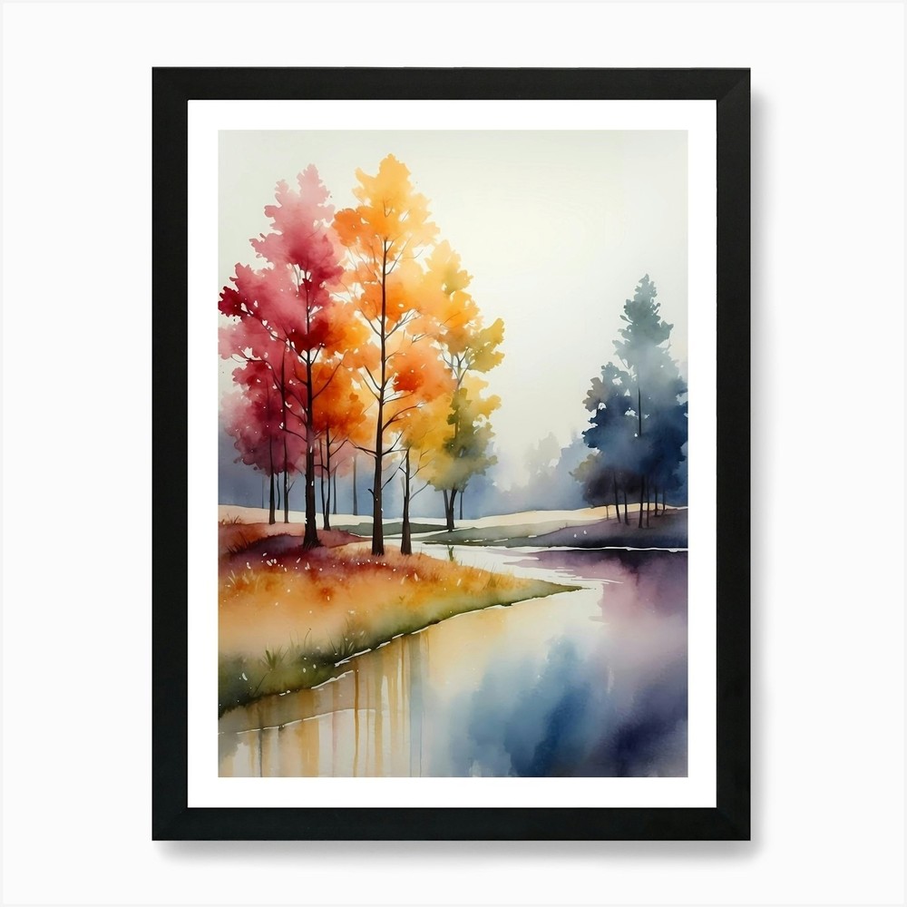 Autumn Trees Watercolor Art Print Framed Canvas Wall Decor  