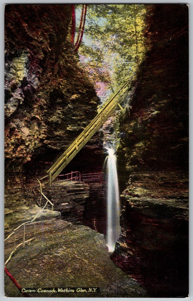 Antique Postcard Cavern Cascade Waterfall Watkins Glen, NY 1910s