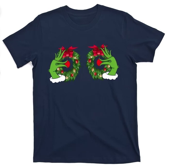 Funny Grinch Hands Is On The Breast Christmas  Men and Women's T-Shirt