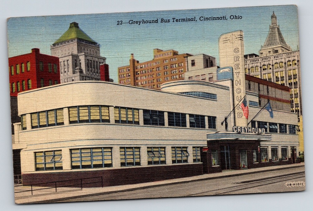 Cincinnati Ohio~Greyhound Bus Terminal Bldg~Skyline~Flags~Linen 1944 Postcard