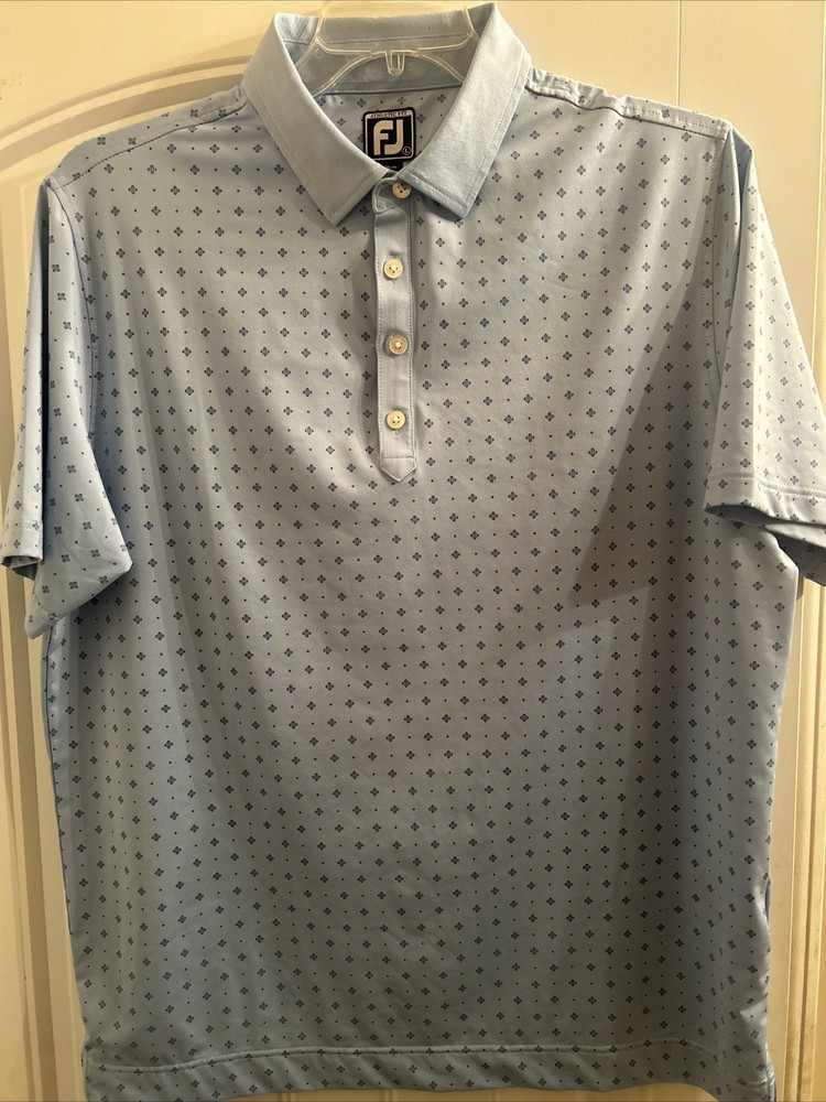 Footjoy Polo Shirt Mens Large Blue Geometric All Over Print Golf Performance