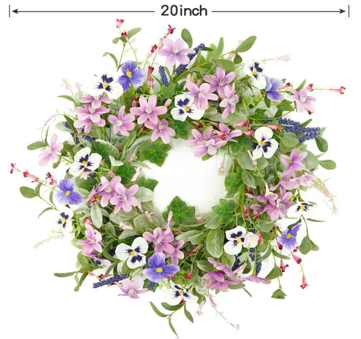 Spring Wreath for Front Door with Pansy Flowers and Foliage  
