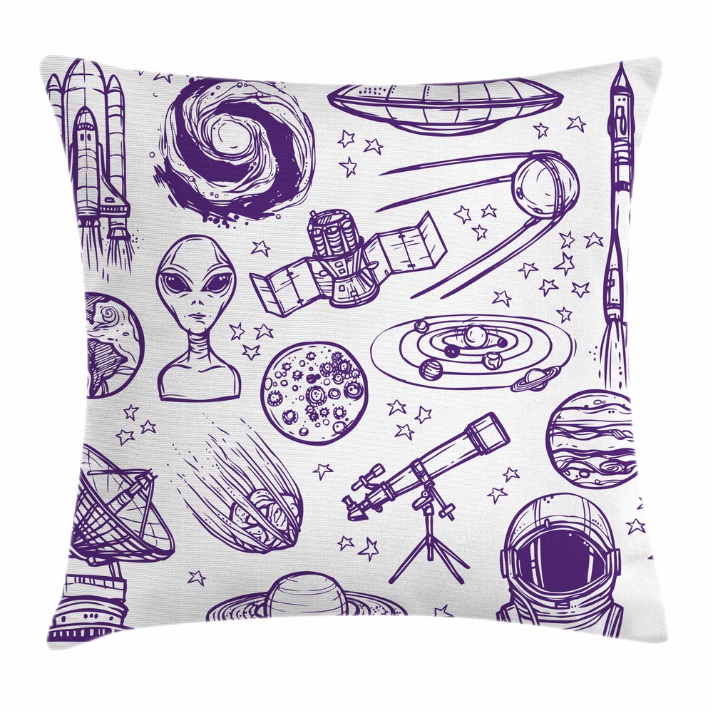 18-Inch White Square Throw Pillow Case with Alien Planet Sketch Design