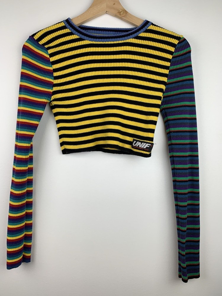 UNIF Cropped Long Sleeve Top Y2K Striped Sweater Ribbed Rainbow Womens Funky