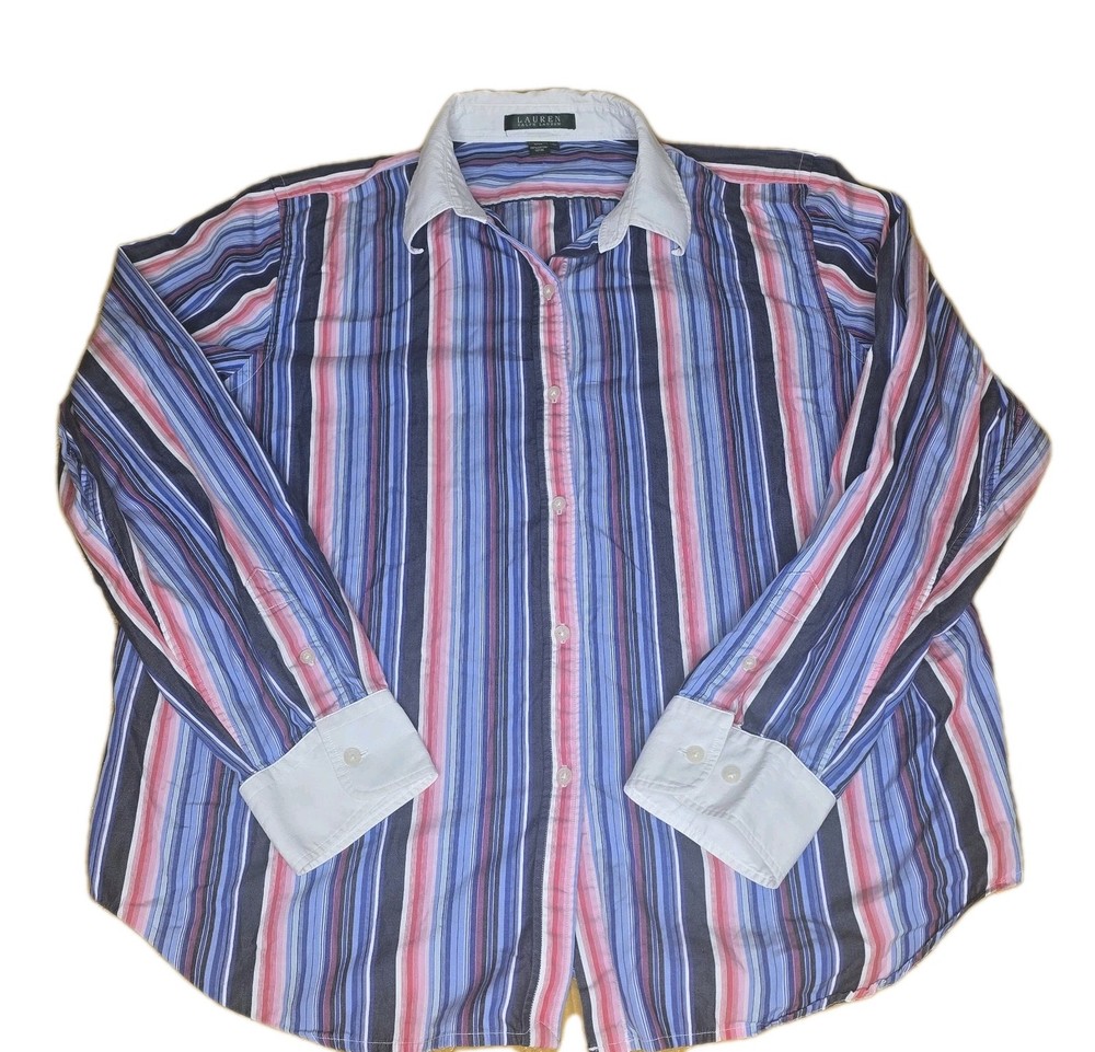 Lauren Ralph Lauren XL Striped Shirt Contrast White Collar Cuffs Button Blouse