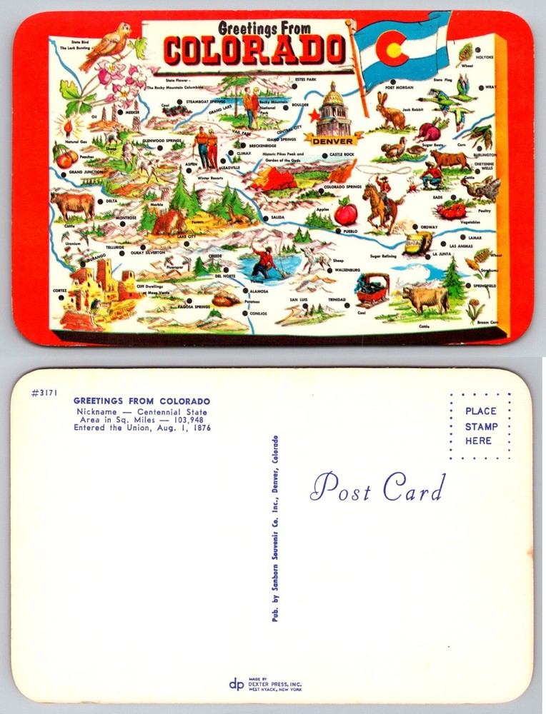 Vintage Greetings From Colorado Map Postcard Centennial State Dexter Press