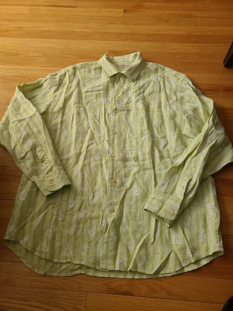 Tommy Bahama Mens Green Linen Long Sleeve Button Up Shirt Size XL Pineapples
