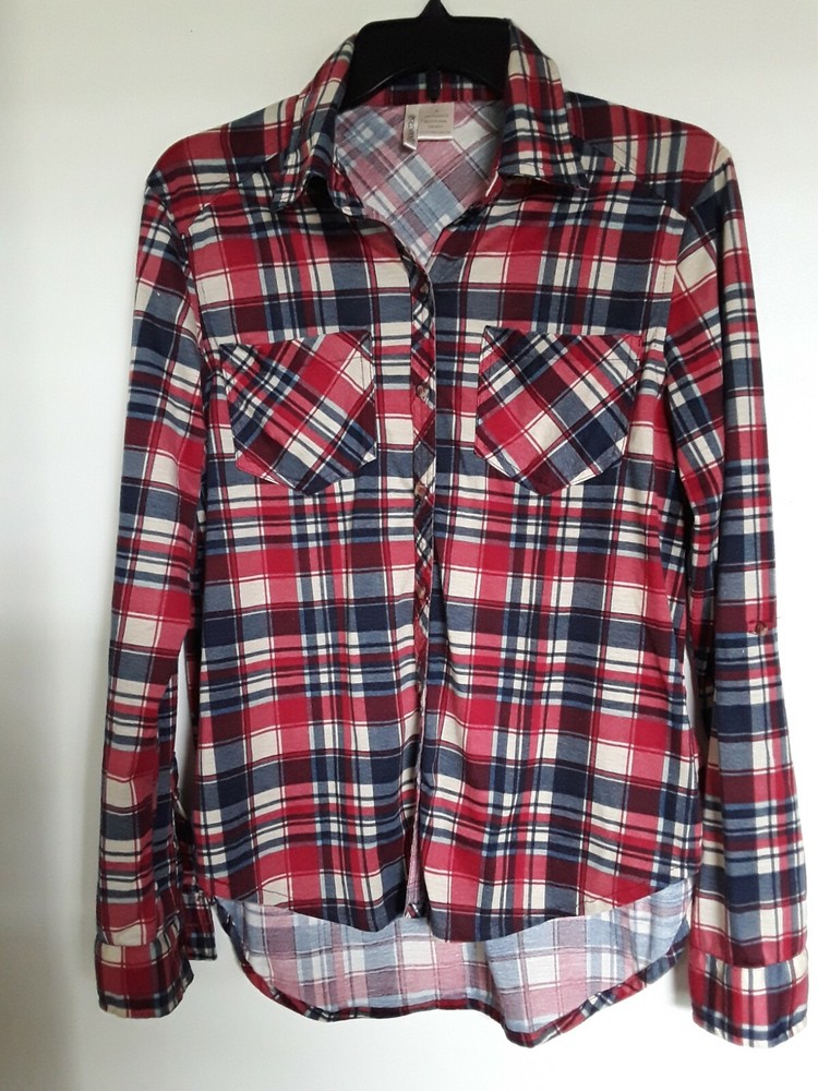 Passport Woman’s Medium M Shirt Long Sleeve Button Up Plaid Button Down Pockets