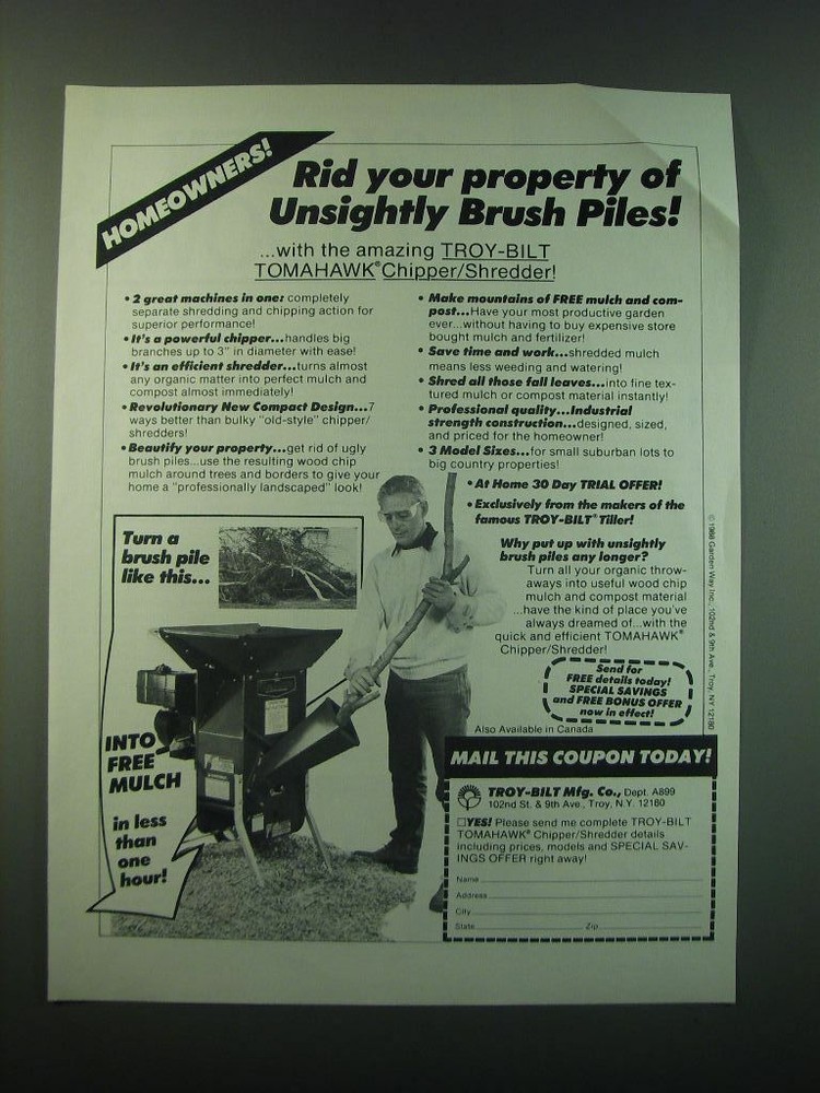 1988 Troy-Bilt Tomahawk Chipper/Shredder Ad - Rid your property