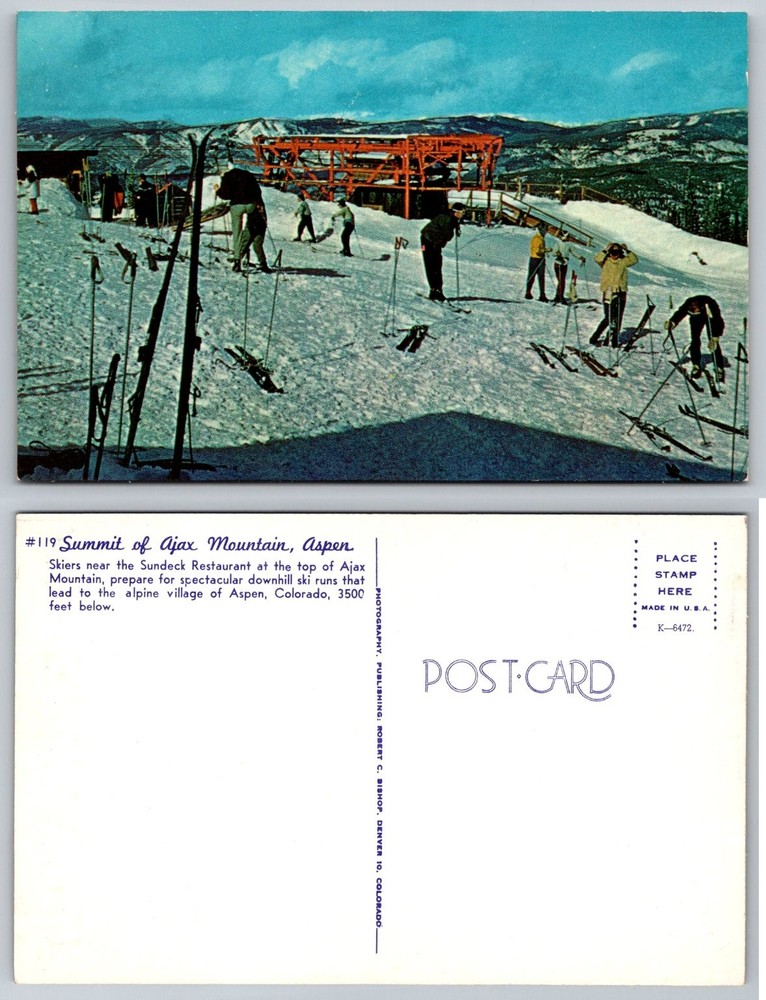 Vintage Aspen Colorado Skiers Ajax Mountain Sundeck Restaurant Postcard