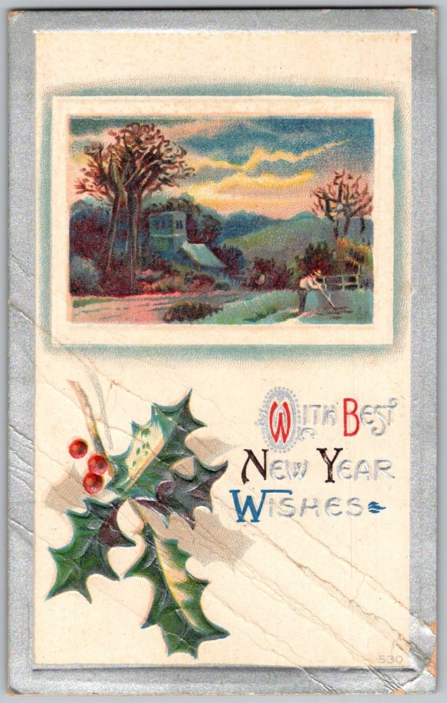 Antique Postcard New Year Greetings Holly 1910s
