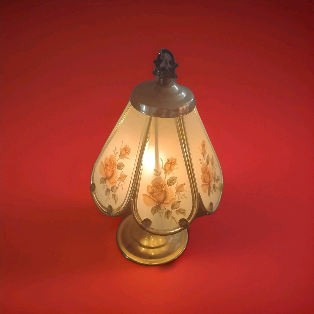Vintage Brass And Glass Panel Floral Rose Touch Lamp