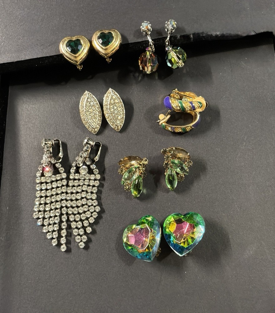 Vintage Costume Earrings Lot of 7 Rhinestone Clip Back.