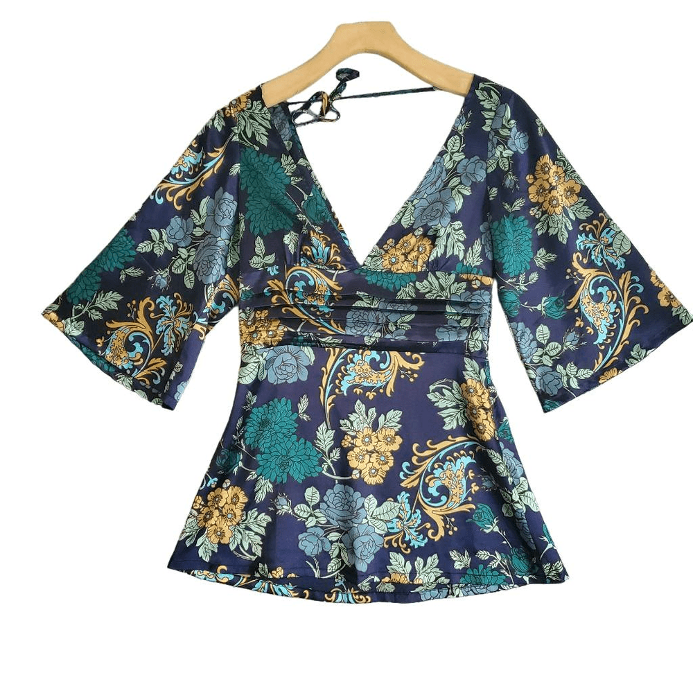 Y2K Guess Women's Silky Side Zip Kimono Style Deep V-Neck Top Small