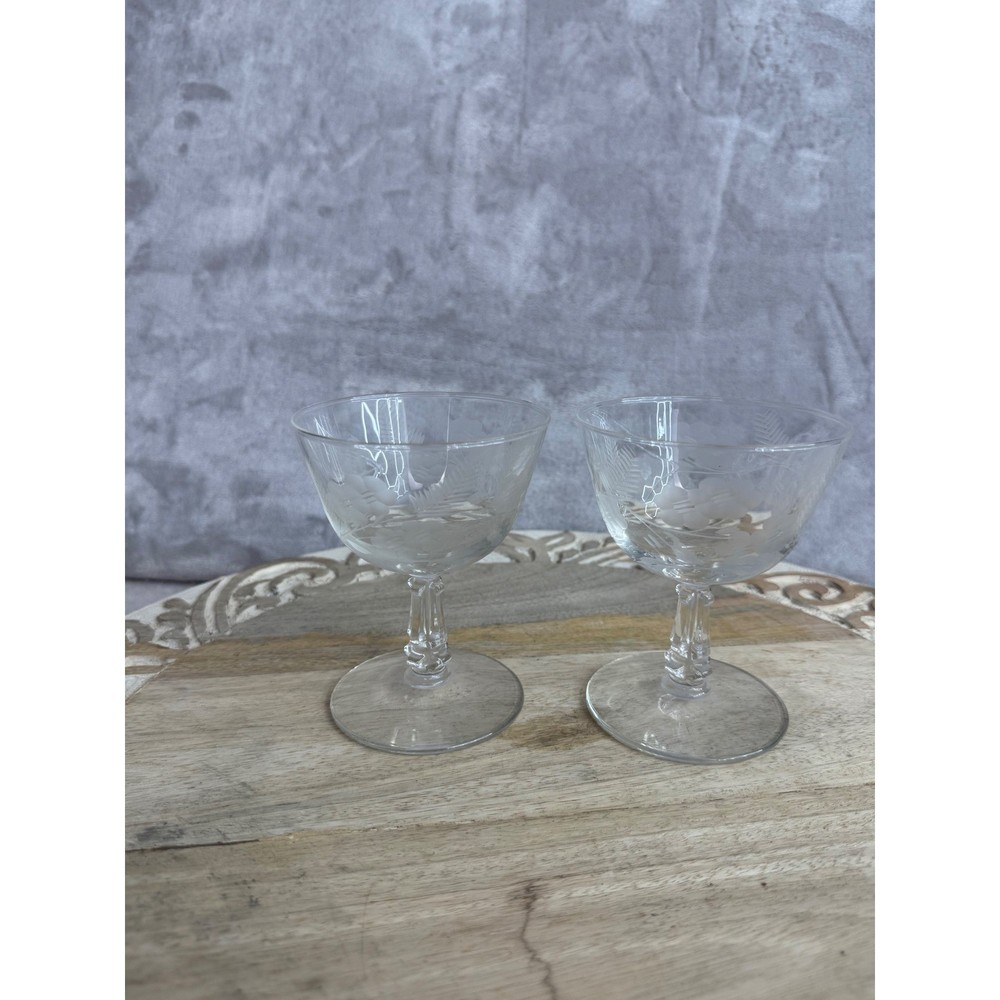 Vintage Etched Floral Crystal Cordial Aperitif Glasses Set of 2 Clear Stemware