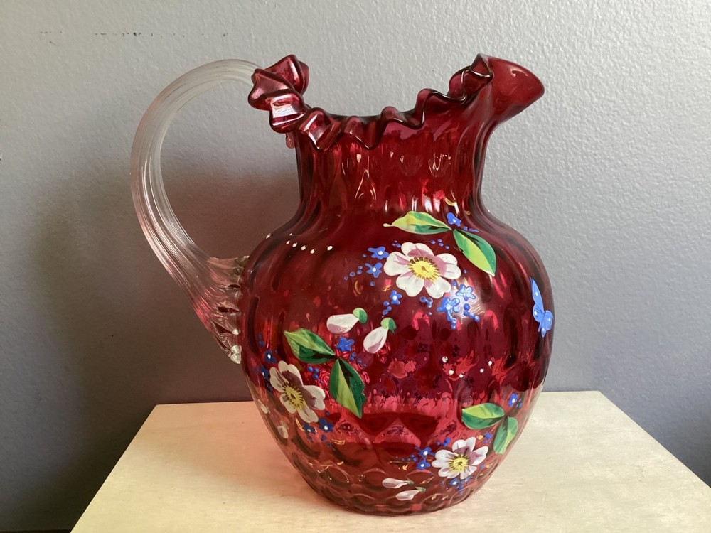 VTG R ART FENTON CRANBERRY ART GLASS PITCHER HAND PAINTED ENAMEL FLORAL DESIGN