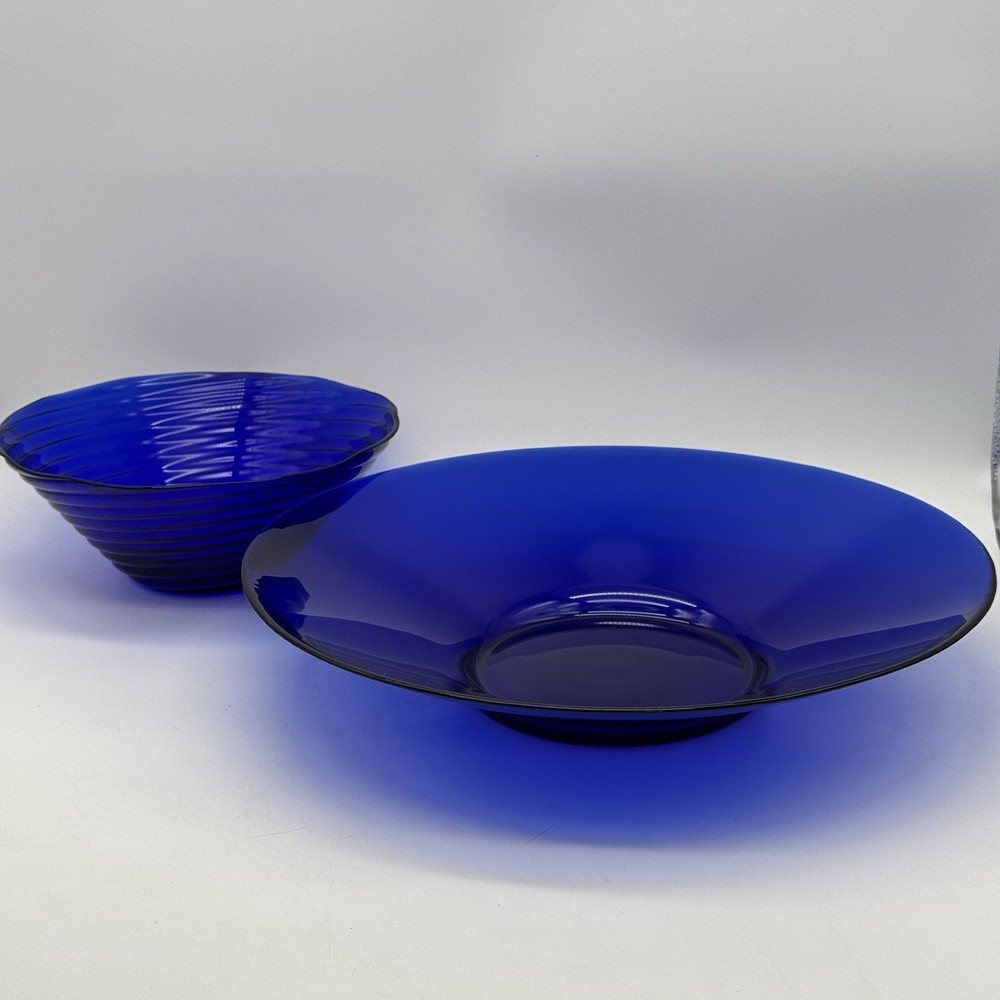 Cobalt Blue Glass Serving Bowls Vintage Set Of 2 Decorative Large Dishes