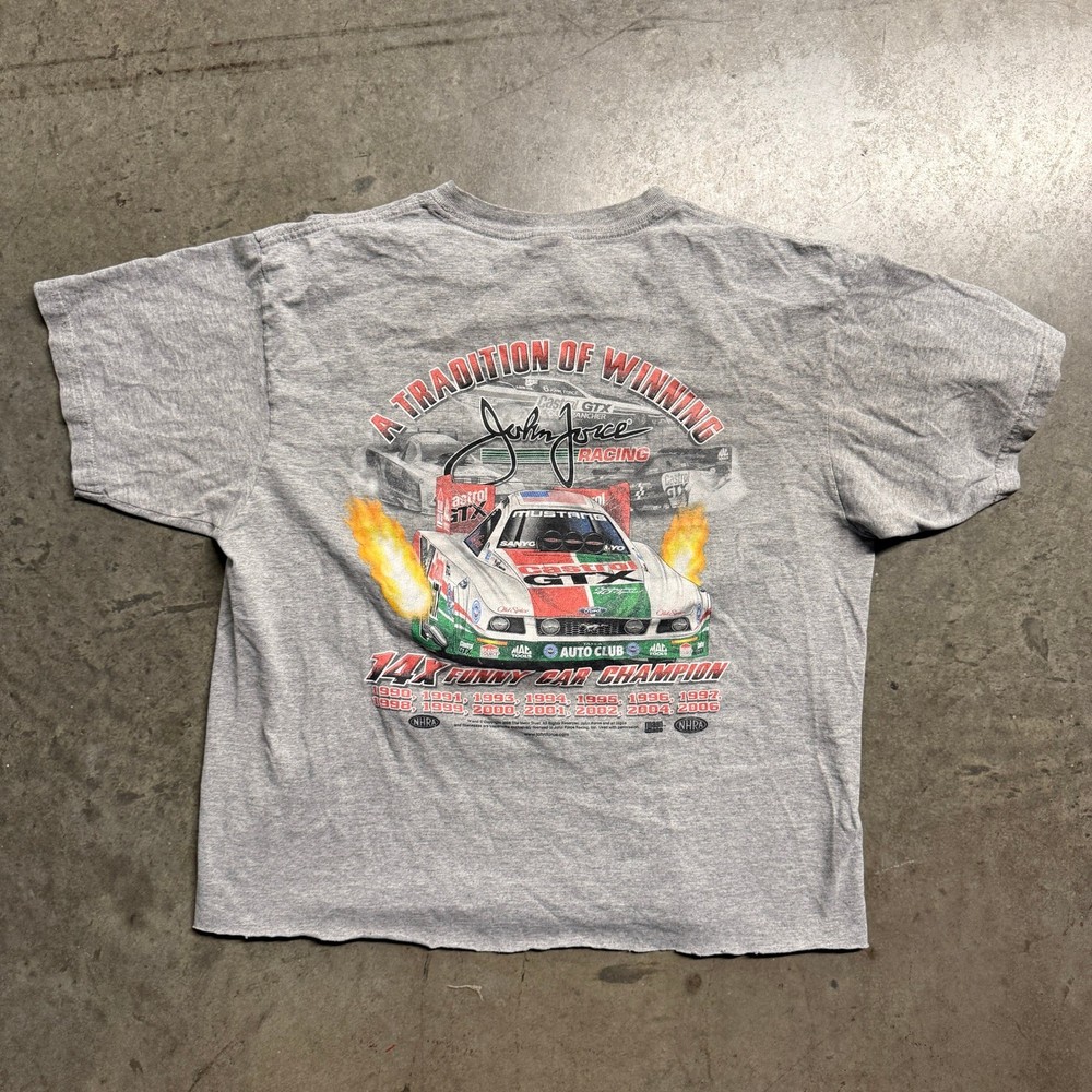 Vintage John Force Racing T Shirt Mens Large Grey Cropped NHRA Funny Car Graphic