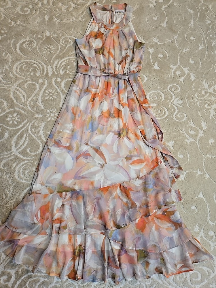 Calvin Klein Sleeveless Ruffle Maxi Dress Size 4 Belt Lined Elastic Waist
