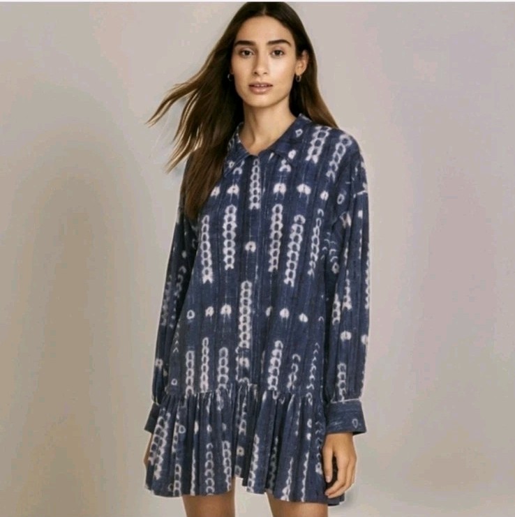 Norma Kamali Oversized Boyfriend Shirt Dress Ruffle Tunic Blue Arrow Belt Sz XS