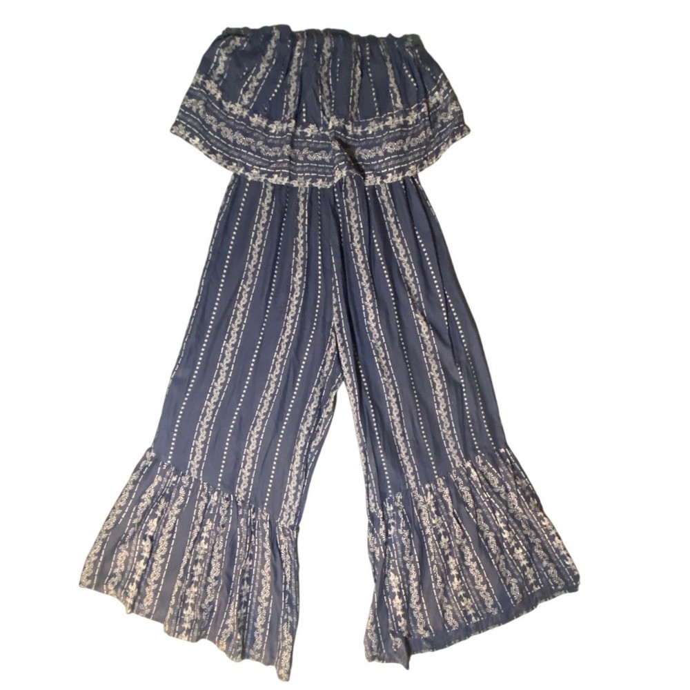 Japna Strapless Jumpsuit Wide Leg Blue Floral Print Smocked Ruffle Women's M