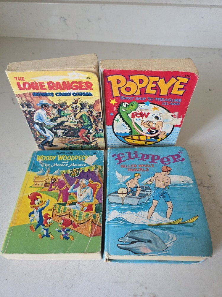 Vintage 4 Pc Big Little Books Woody Woodpecker Lone Ranger Popeye Flipper