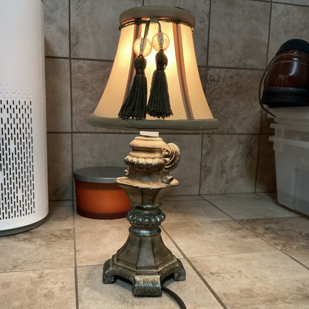 Traditional Distressed Bronze Table Lamp Bell Shade Tassel Accent Beige