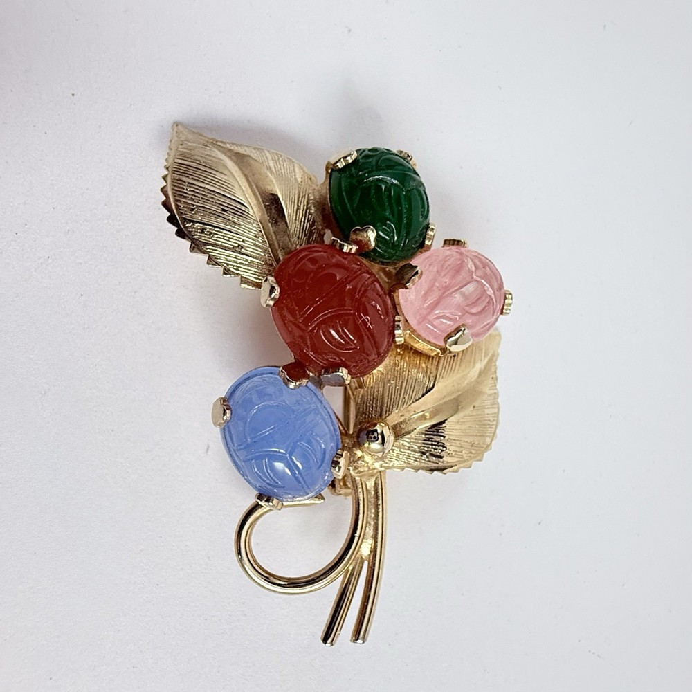 Vintage Egyptian Revival Multicolor Scarab Brooch Gold Tone