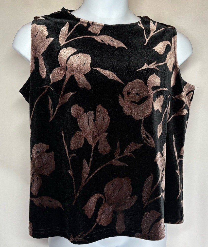Vintage 90's Black Metallic Bronze Floral Velvet Stretch Holiday Top Size 1X