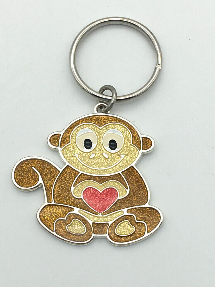 Vintage Brown Smiling Monkey Holding Heart Keychain Glittery Whimsy Happy