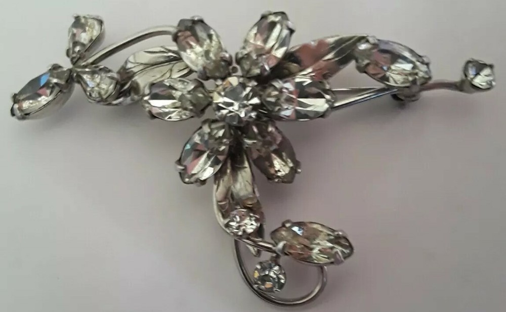 Vintage Spiffardi Silvertone 1/20 12K Gold Filled Clear Rhinestone Floral Brooch