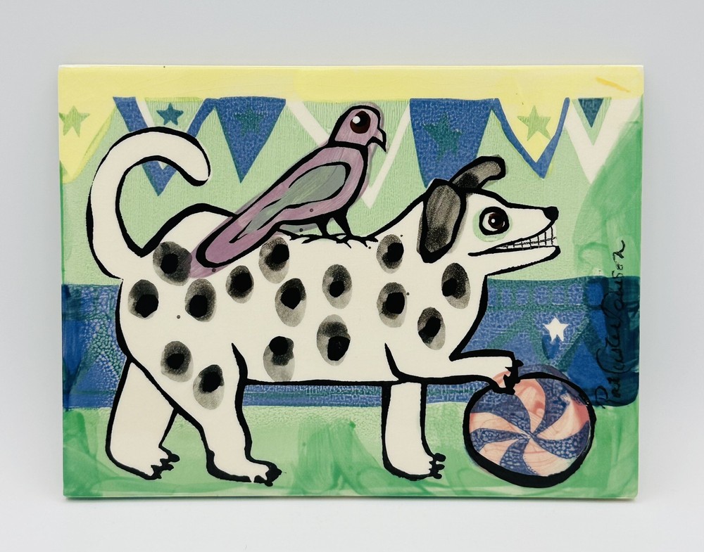 Pat Custer Denison Art Pottery Tile Dalmatian “Dog with Bird and Ball” Abstract-image