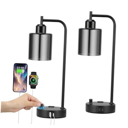 Industrial Desk Lamps for Office Set of 2 - Fully Dimmable Bedside Lamps Gray