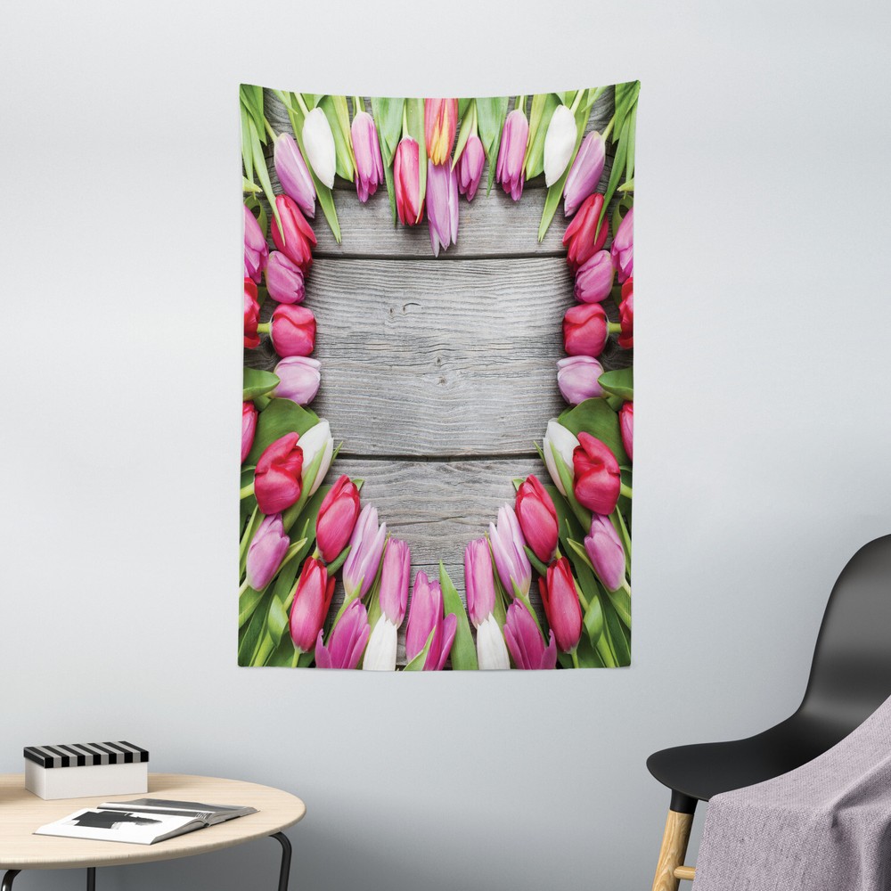 Colorful Tapestry Frame of Fresh Tulips Print Wall Hanging Decor