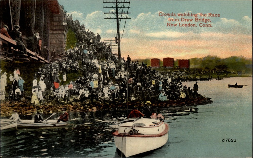 Crowds watching boat race from drawbridge New London Connecticut c1910 postcard