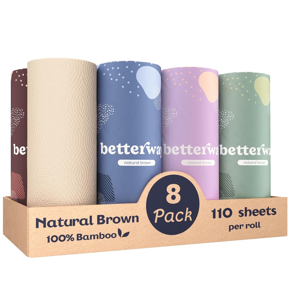 Eco-Friendly Bamboo Brown Paper Towels - 8 Rolls, 2-Ply, 110 Sheets, Plastic-Free