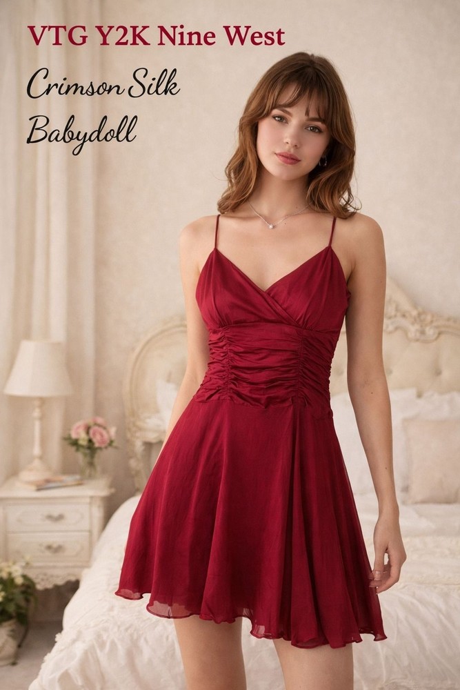 VTG 90s Y2K Nine West Crimson Silk Babydoll Dress Size 8 Romantic Coquette Luxe