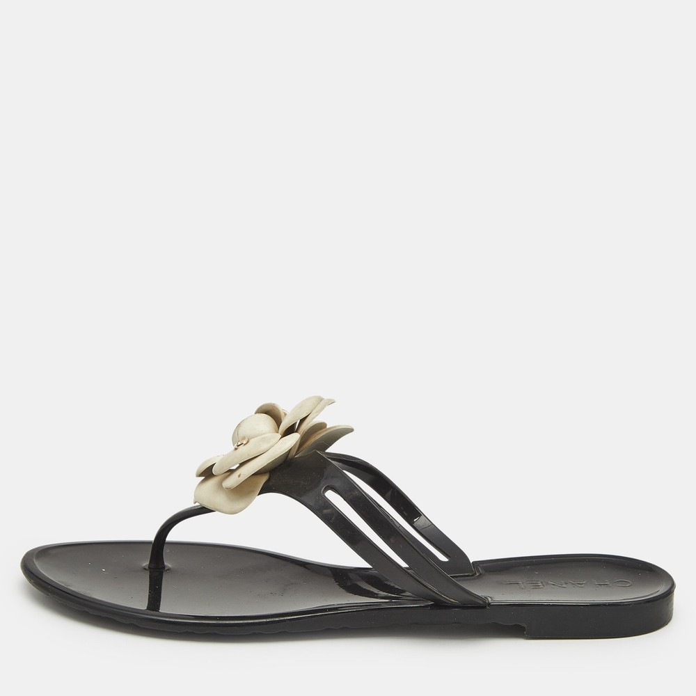 Chanel Black Jelly CC Thong Slides with Camellia Embellishment Size 39