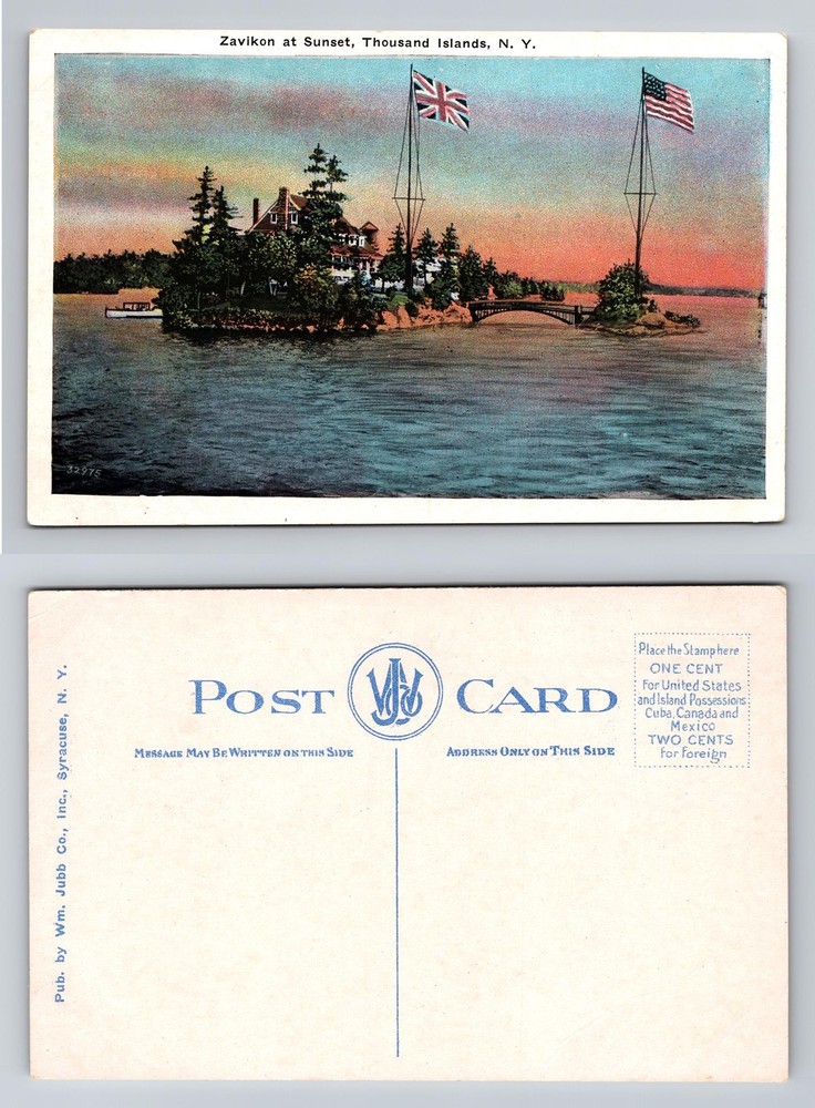 Zavikon Island, NY-New York, Sunset View Flags Thousand Islands Vintage Postcard